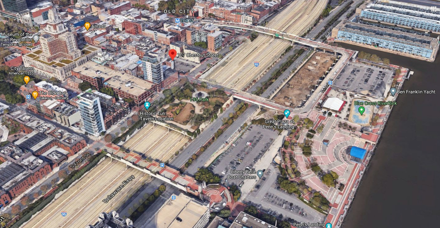 I-95 Park, with 107 Chestnut Street. Looking northwest. Credit: Google