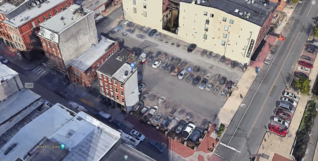 107 Chestnut Street (center left). Looking northwest. Credit: Google