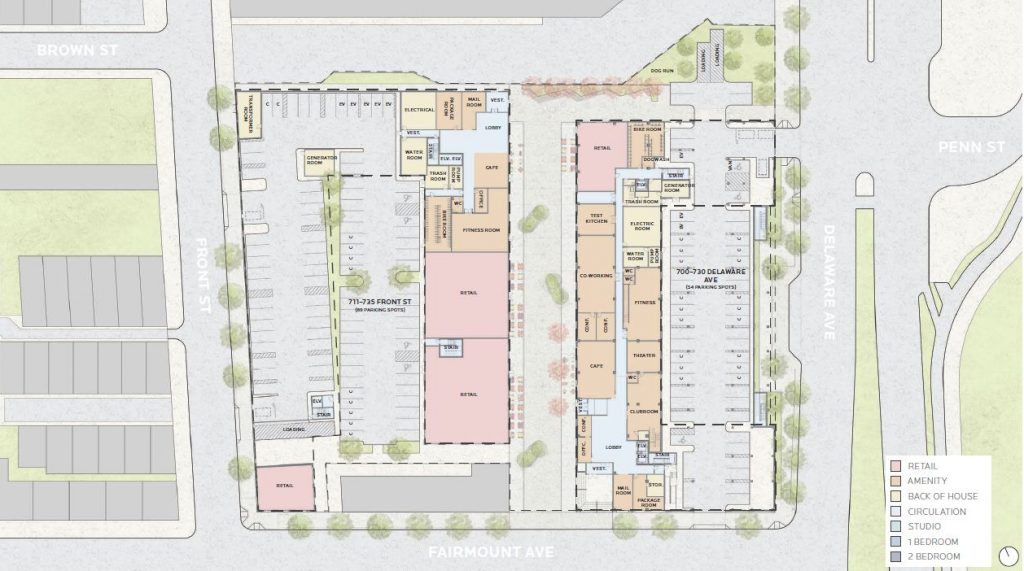 700-30 Delaware Avenue. Original site plan. Credit: JKRP Architects via the Civic Design Review