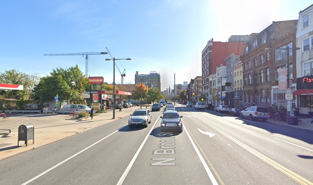 North Broad Street, with 813 North Broad Street on the left. Looking south toward Center City, with the Divine Lorraine and City Hall in the center. Credit: Google
