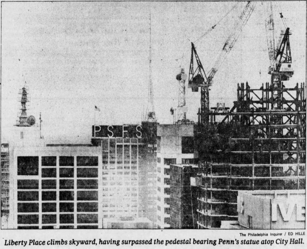 One Liberty Place becomes the tallest structure. Photo from the Philadelphia Inquirer
