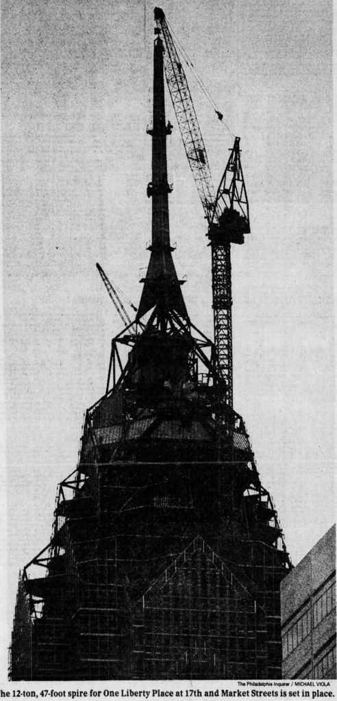 One Liberty Place spire topping. Photo from the Philadelphia Inquirer
