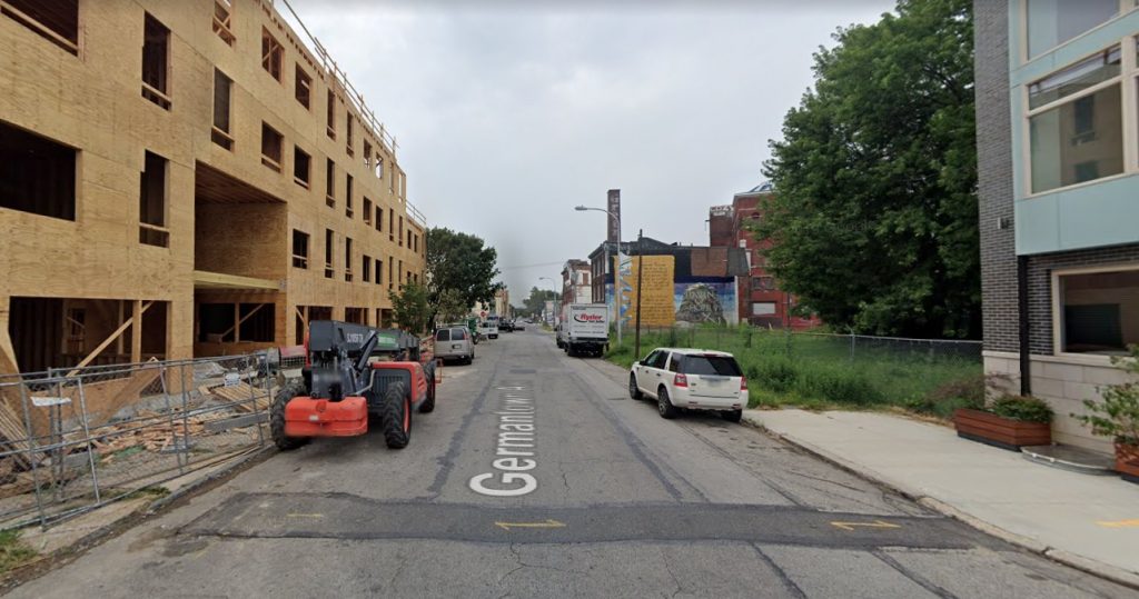 Studio House Philly at 1613 Germantown Avenue (left). Looking south along Germantown Avenue. August 2019. Credit: Google