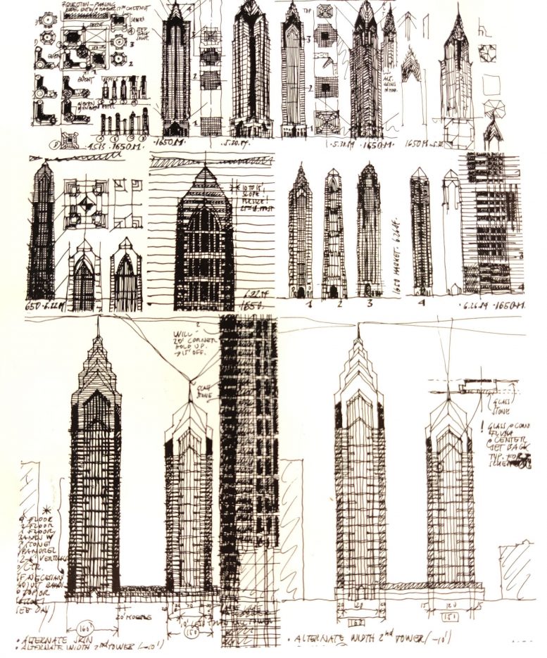 Many more conceptual drawings of One Liberty Place. Drawings by Helmut Jahn