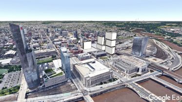 Schuylkill Yards massing aerial looking northwest. Original image by Google Earth, edit and model by Thomas Koloski