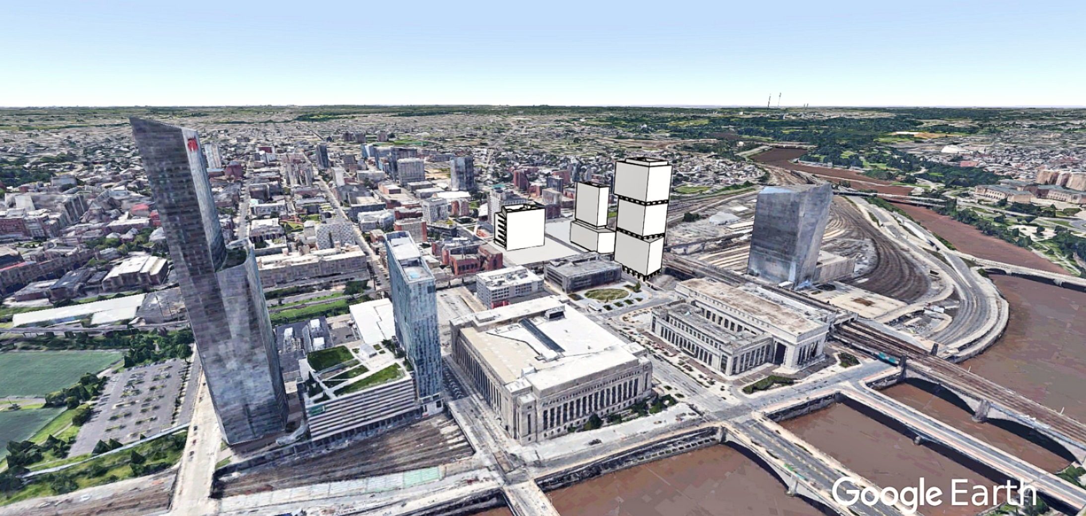Schuylkill Yards massing aerial looking northwest. Original image by Google Earth, edit and model by Thomas Koloski