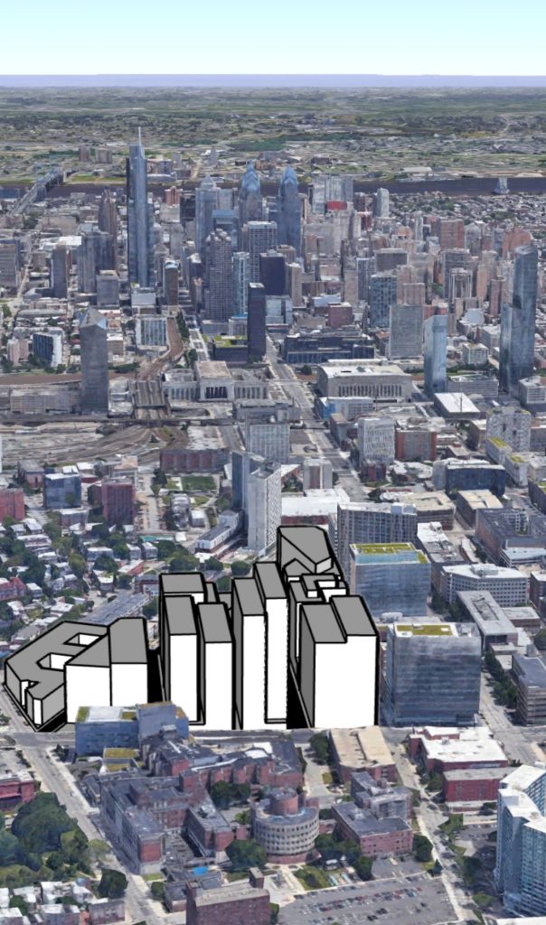 Massing for uCity Square. Original image by Google Earth, model and edit by Thomas Koloski