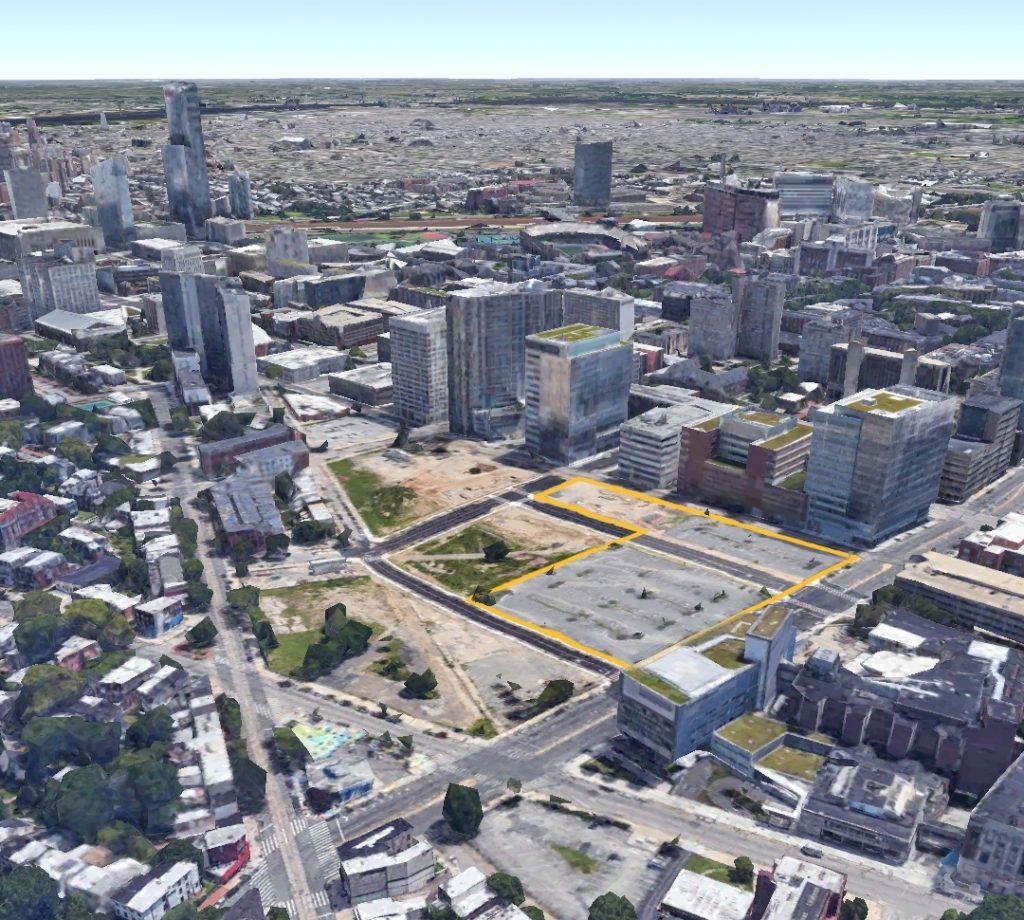 uCity Square four tower site. Image via Google Earth