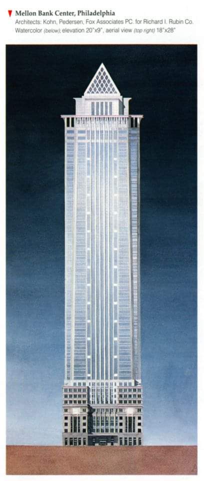 Mellon Bank Center elevation. Photo via Elizabeth Day Art & Architectural Illustration