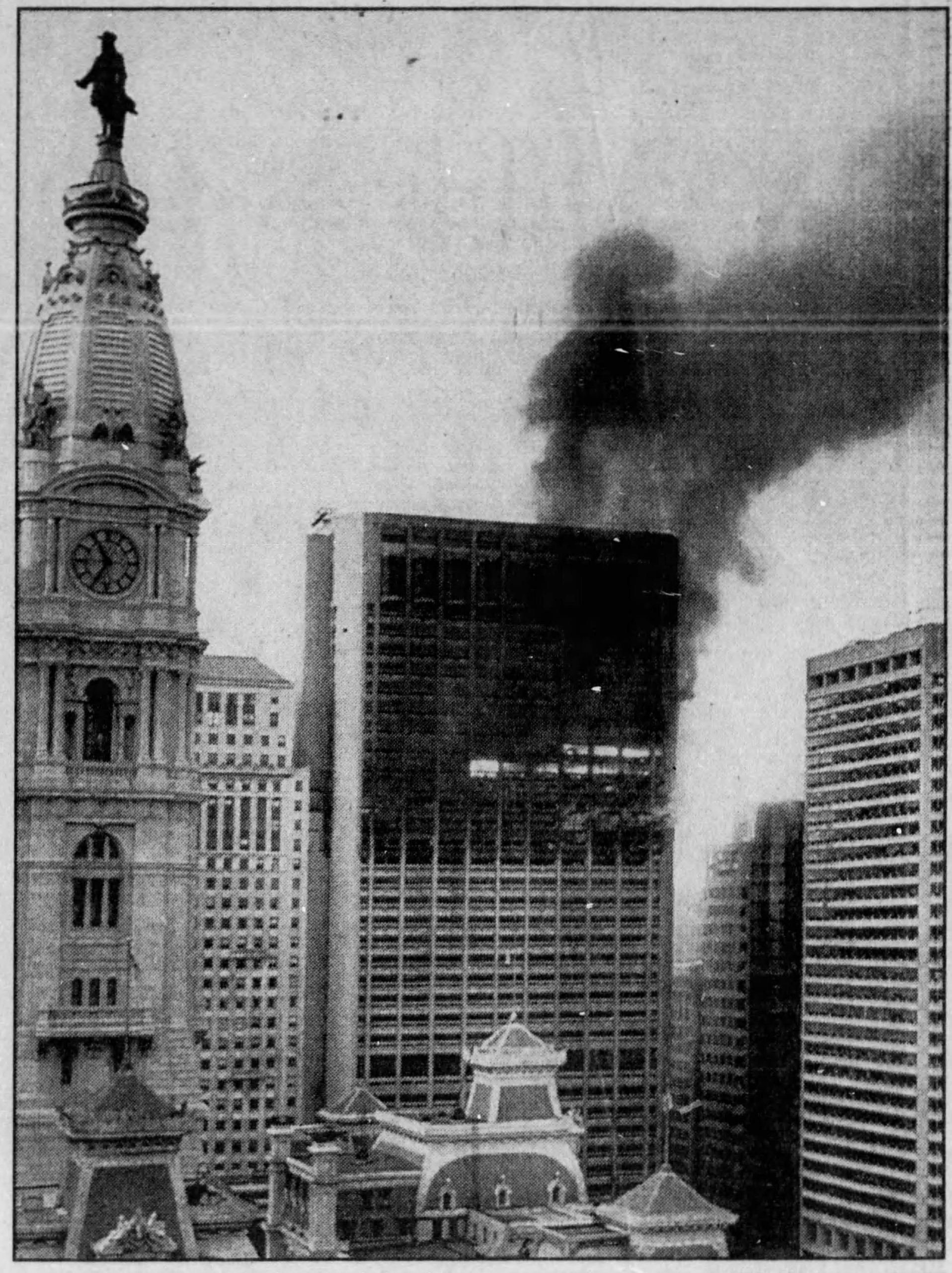 One Meridian Plaza on fire. Image from The Arizona Republic