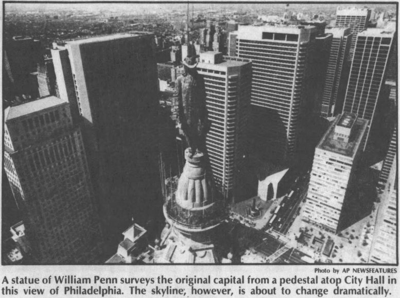 One Meridian Plaza (left) in the Philadelphia skyline. Photo via Daily Press