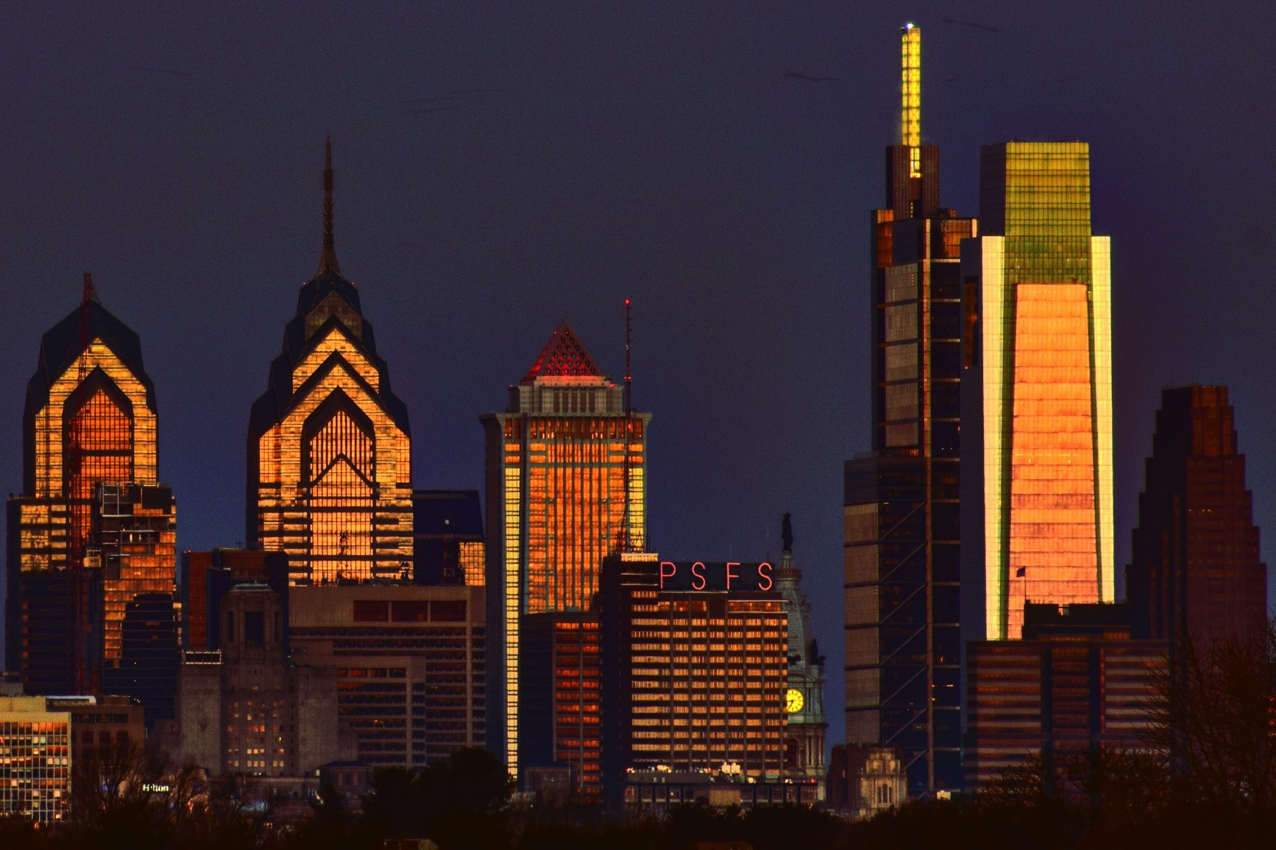 Comcast Center (right) in the Philadelphia skyline. Photo by Thomas Koloski
