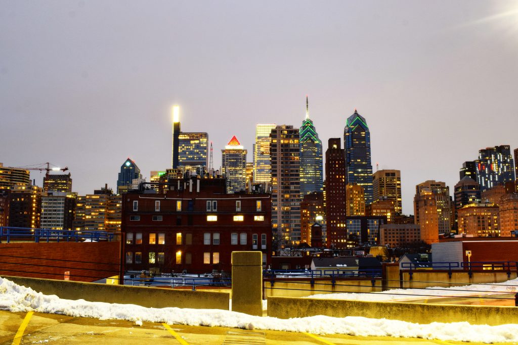 W/Element Hotel (right) lit up with the Center City towers. Photo by Thomas Koloski
