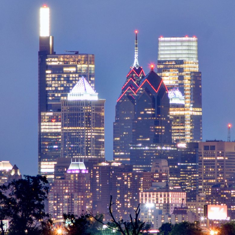 Philadelphia nighttime skyline from New Jersey. Photo by Thomas Koloski