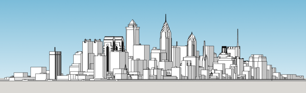Philadelphia skyline with future proposals as of 1986, looking northeast. Model by Thomas Koloski
