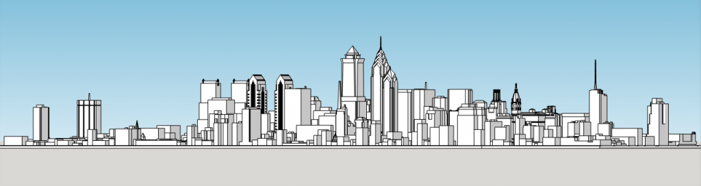 Philadelphia skyline with future proposals as of 1986, looking northwest. Model by Thomas Koloski