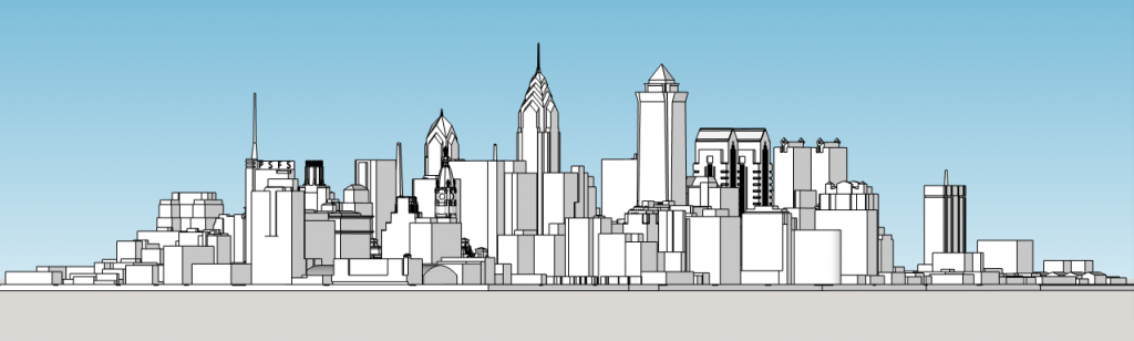 Philadelphia skyline with future proposals as of 1986, looking southwest. Model by Thomas Koloski