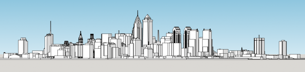 Philadelphia skyline with future proposals as of 1986, looking southeast. Model by Thomas Koloski