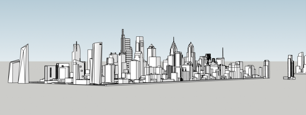 17th and Vine in the Philadelphia skyline looking northeast. Model by Thomas Koloski