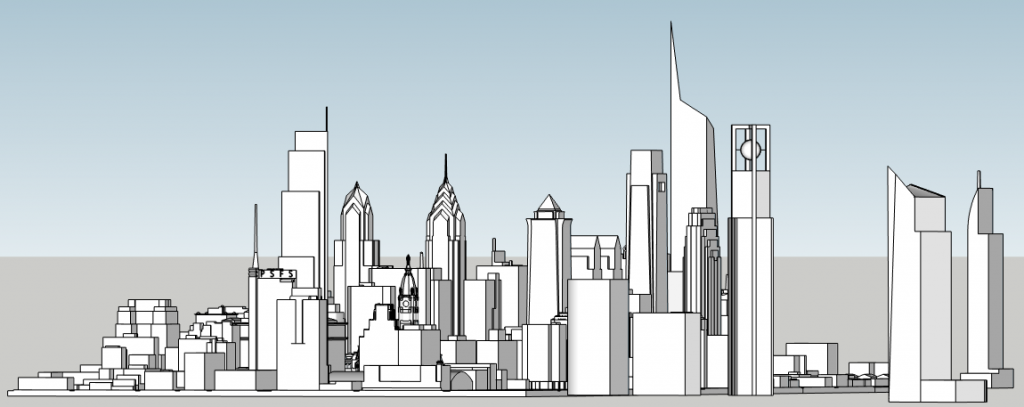 Philadelphia skyline aerial with unbuilt proposals looking southwest. Image and models by Thomas Koloski