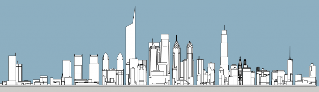 Philadelphia skyline aerial with unbuilt proposals south elevation. Image and models by Thomas Koloski