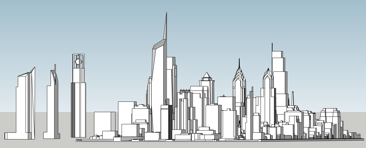 Philadelphia skyline with unbuilt proposals. Image and models by Thomas Koloski