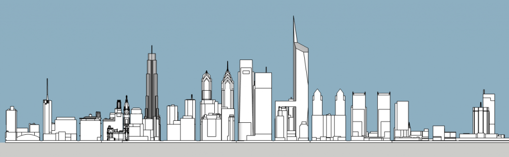 Philadelphia skyline with unbuilt proposals north elevation. Image and models by Thomas Koloski