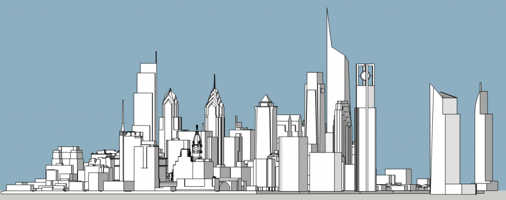 Philadelphia skyline with unbuilt proposals looking west. Image and models by Thomas Koloski