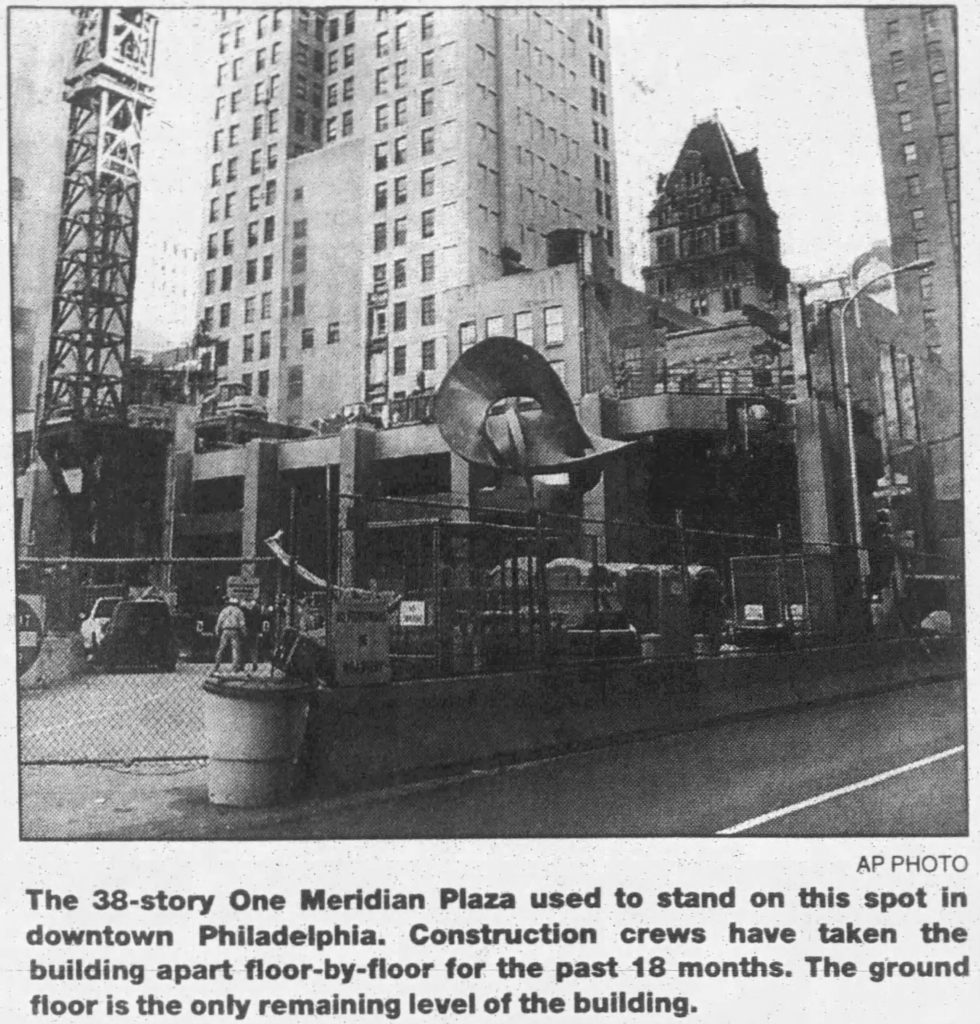 One Meridian Plaza nearly demolished in November 1999. Photo from The Times Leader