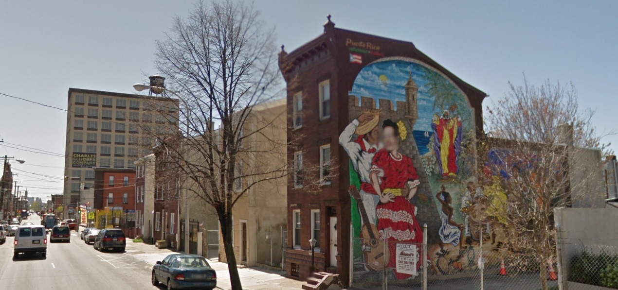 The mural at 2124 North 2nd Street, with 2130 North 2nd Street on the right and The Gotham in the background in center left. Looking southwest. Credit: Google Maps