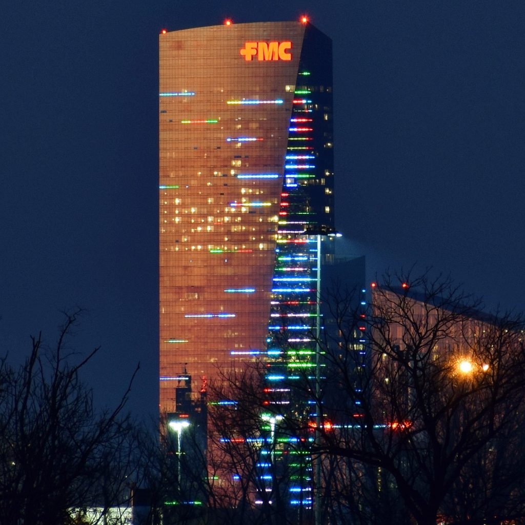 FMC Tower with completed night time lighting on New Years. Photo by Thomas Koloski