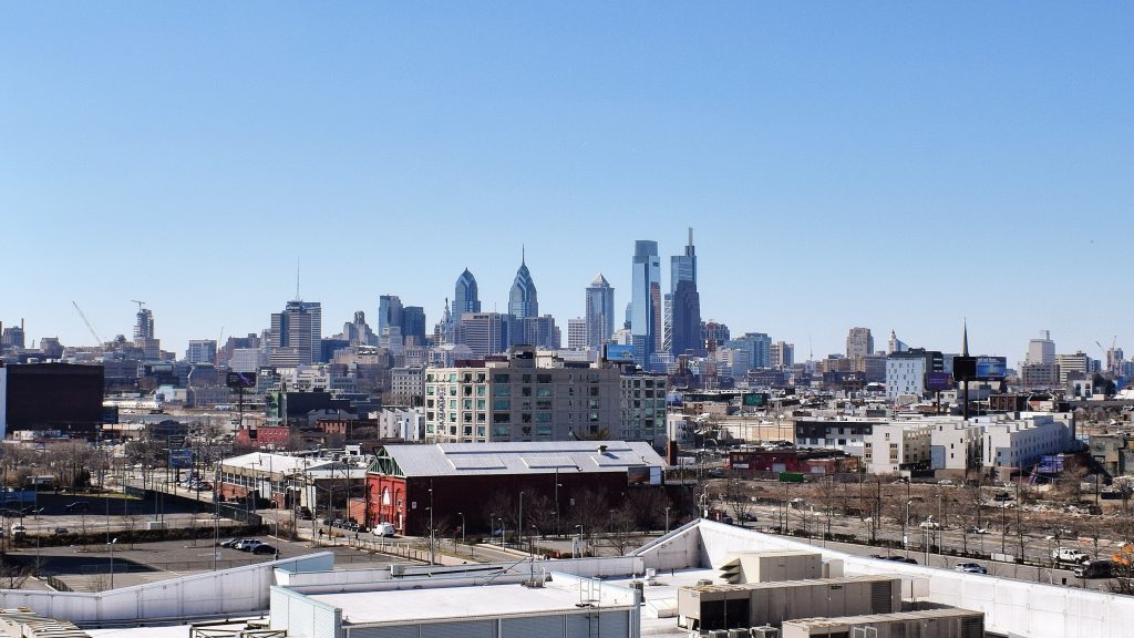 510 North Broad Street cranes (right) in the Philadelphia skyline. Photo by Thomas Koloski