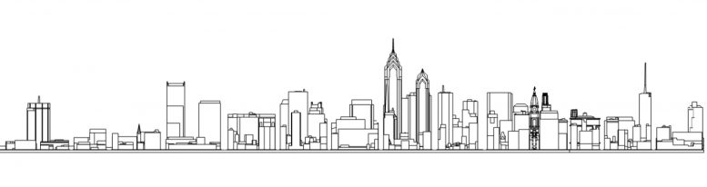 Liberty Place unfinished design with the Philadelphia skyline, south elevation. Models and image by Thomas Koloski