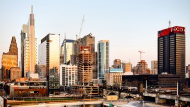 Riverwalk south and north in the Philadelphia skyline from a garage looking east. Photo by Thomas Koloski