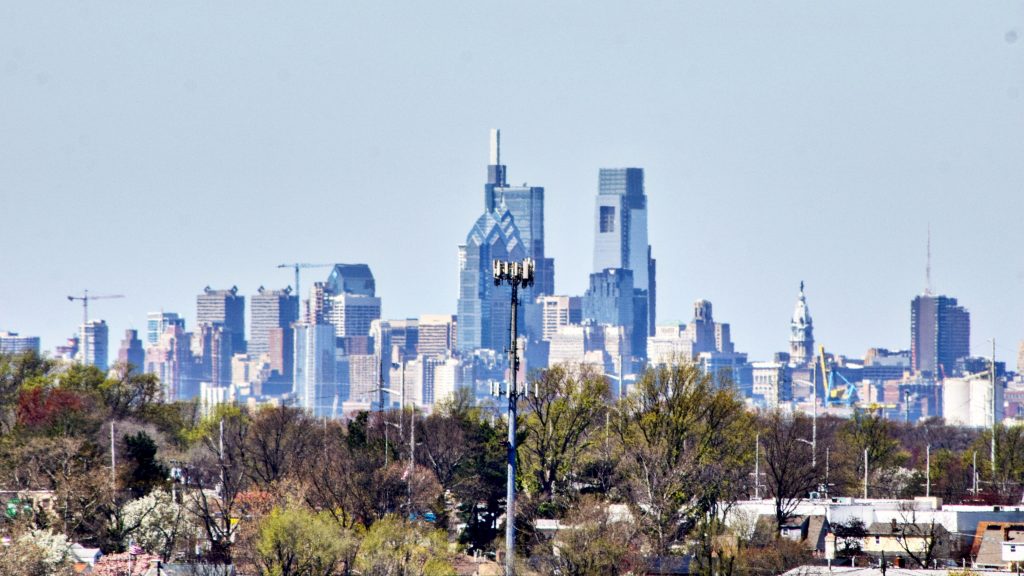 The Laurel Rittenhouse Square (left) and Arthaus in the Philadelphia skyline from New Jersey. Photo by Thomas Koloski