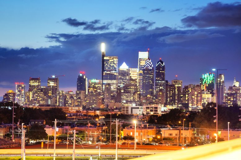 Philadelphia skyline lit up from South Philadelphia. Photo by Thomas Koloski