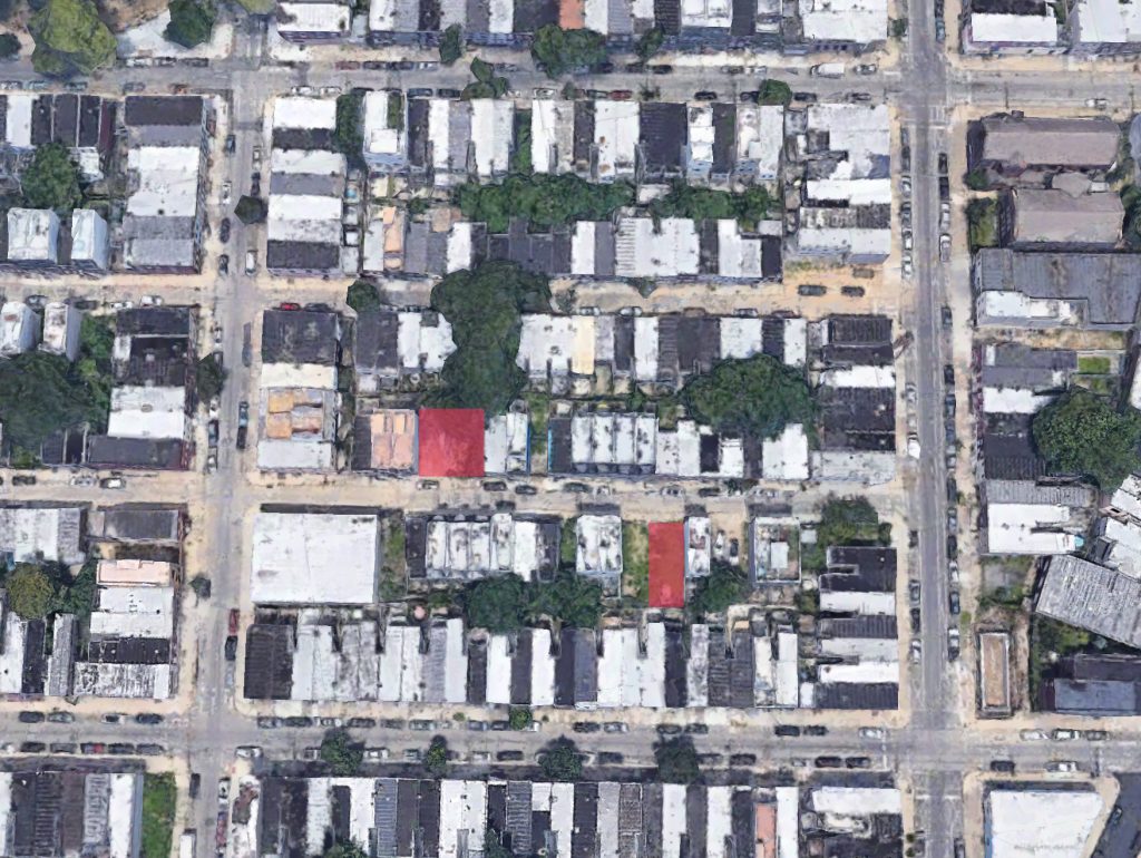 View of 2200 block of Wilder Street. Properties highlighted will be the site of future townhomes. Credit: Google. Edit by Colin LeStourgeon.