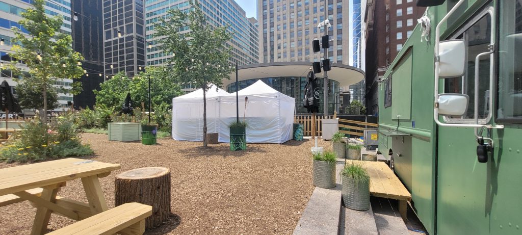 LOVE Park Welcome Center outdoor seating. Photo by Thomas Koloski