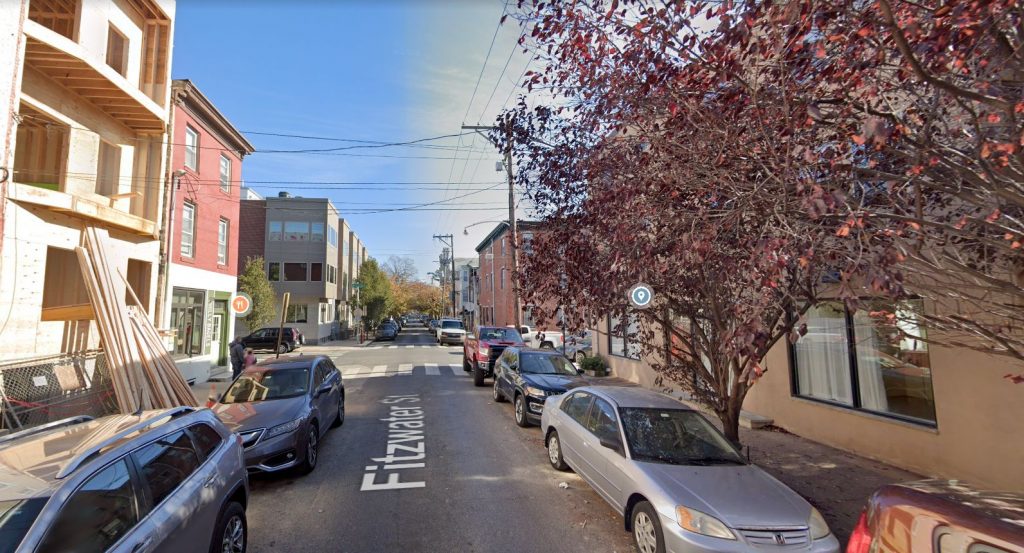 Fitzwater Street, with 2003 Fitzwater Street on the left and 1935 Fitzwater Street in the center-left. Looking east. November 2020. Credit: Google Street View