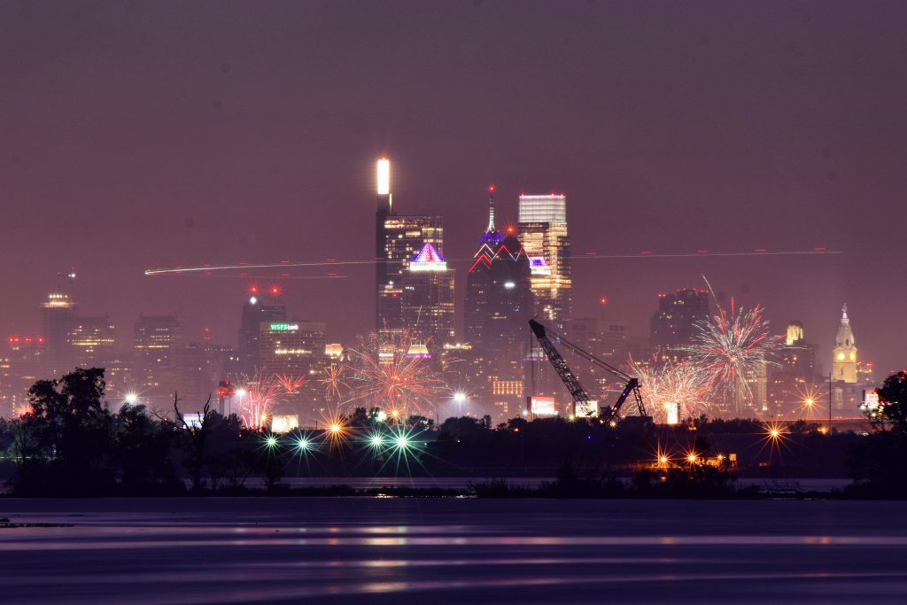 Fireworks and the Philadelphia skyline from New Jersey. Photo by Thomas Koloski