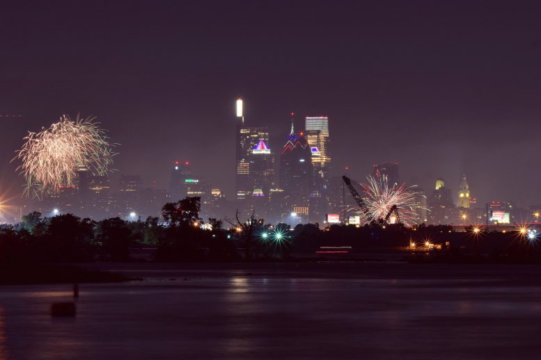 Wawa Welcome America fireworks and the Philadelphia skyline from New Jersey. Photo by Thomas Koloski