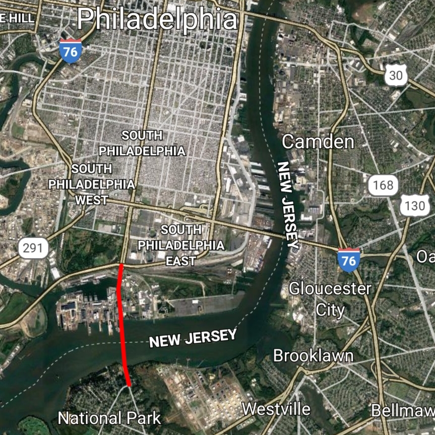 Philadelphia-Red Bank Bridge placement. Image via Google Maps, edit by Thomas Koloski 