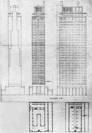Second scheme of the PSFS Building. Image via George Howe and William Edmond Lescaze