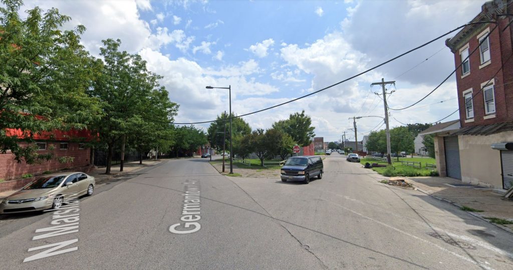 Germantown Avenue (left) and North Marshall Street (right), from in front of 2239 Germantown Avenue. Looking southeast. Credit: Google Maps