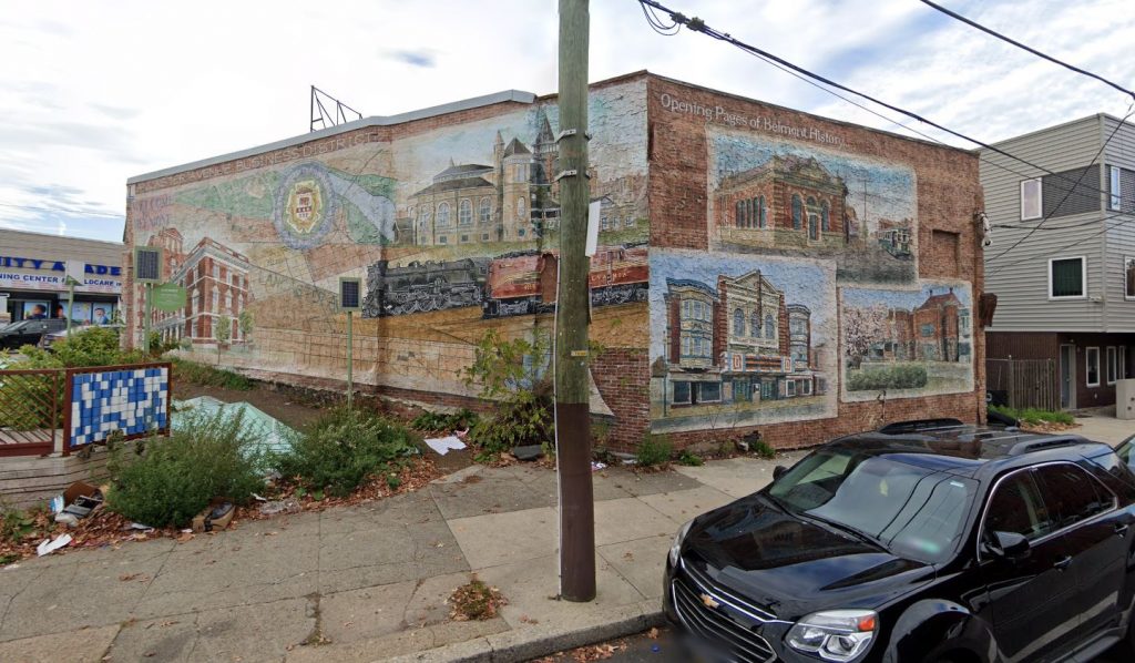 The Belmont and Lincoln Highway mural. Looking northwest. Credit: Google Maps