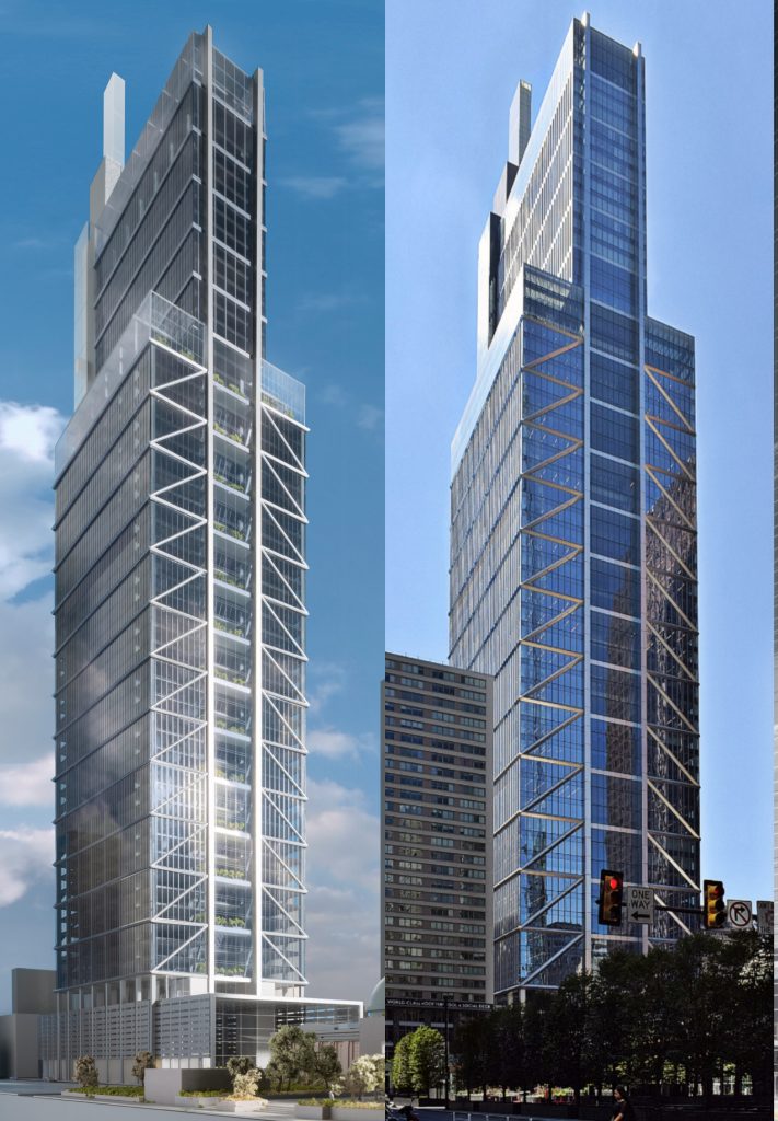 Comcast Technology Center 2014 and current design from John F. Kennedy Boulevard. Left: image by Foster and Partners. Right: Photo by Thomas Koloski 