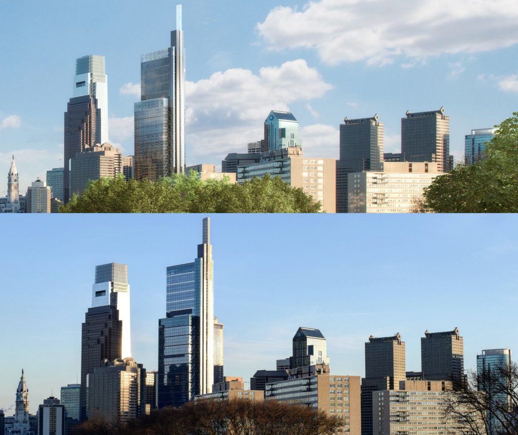 Comcast Technology Center 2014 and current design from the Museum of Art. Top: image by Foster and Partners. Bottom: Photo by Thomas Koloski