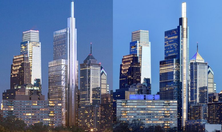 Comcast Technology Center 2014 and current design from Spring Garden Street Bridge. Left: image by Foster and Partners. Right: Photo by Thomas Koloski