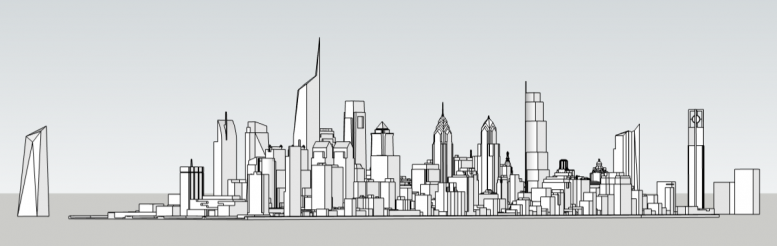 Philadelphia skyline with unbuilt proposals looking northeast. Image and models by Thomas Koloski