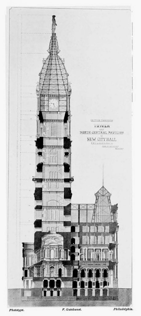 Philadelphia City Hall elevation 1880. Image via John McArthur Jr. And Thomas Ustick Walter 